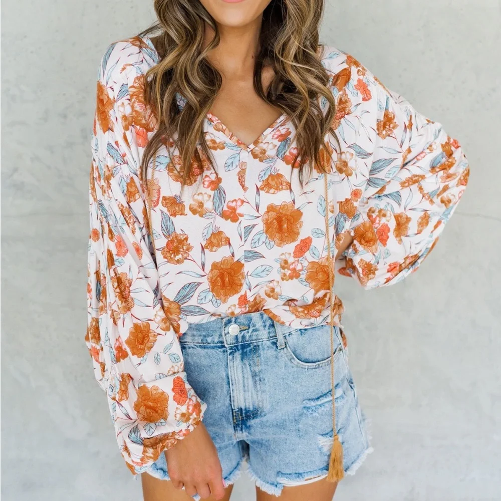 Hayden Fall Floral Bubble Sleeve Boho Blouse - Picture 1 of 1
